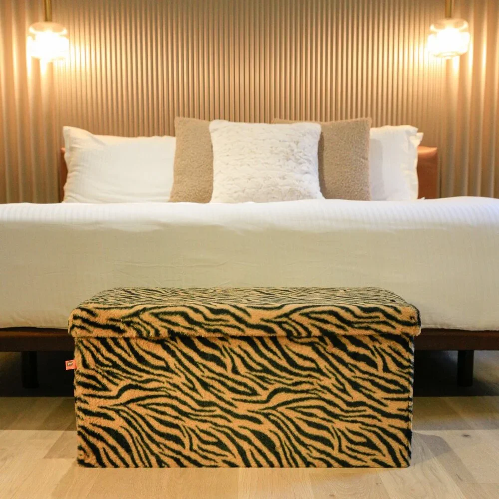 Go-Poufs Knock-Down Rectangular Faux Fur Storage Ottoman |  Tiger Tan/White - Picture 7 of 8